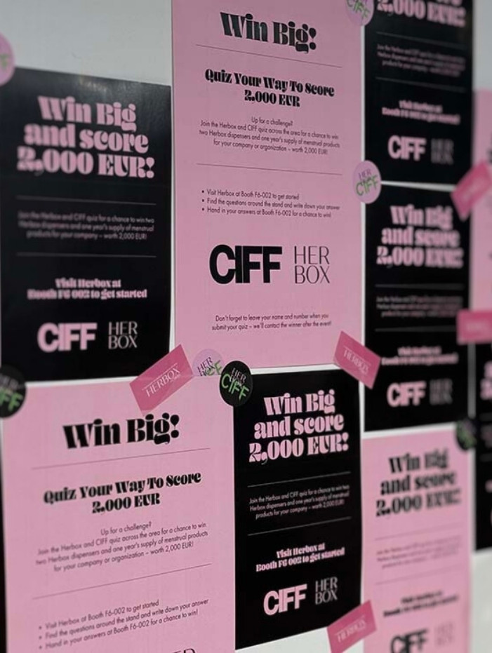 Affischer med text om att vinna 2 000 EUR från CIFF och HERBOX, i rosa och svart färgschema.