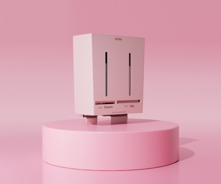 Rosa Herbox digital mensskyddsautomat för tamponger och bindor på rosa podium