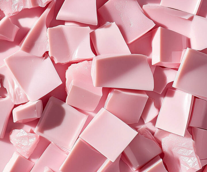 Närbild på rosa återvunnen plast som används i Herbox automater