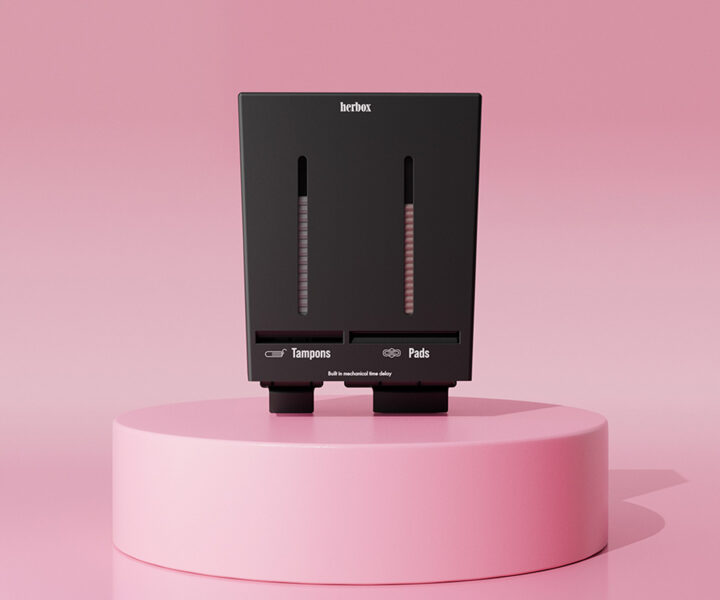 Herbox svart dispenser med två fack för gratis tamponger och bindor - frontvy