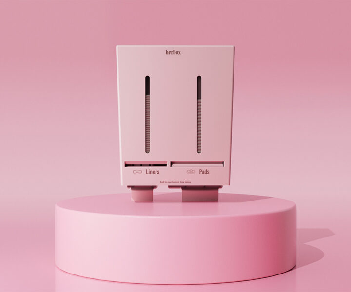 Herbox rosa dispenser med två fack för gratis bindor och trosskydd - frontvy