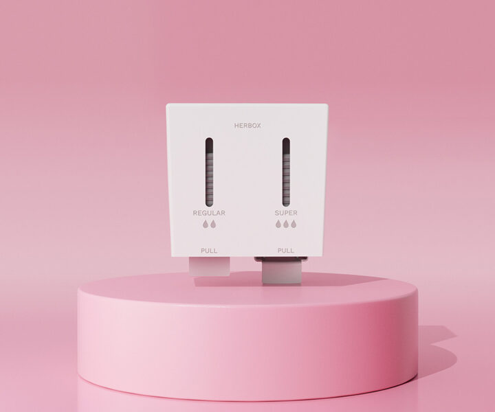 Herbox vit dispenser med två fack för gratis tamponger i storlekarna regular och super - frontvy