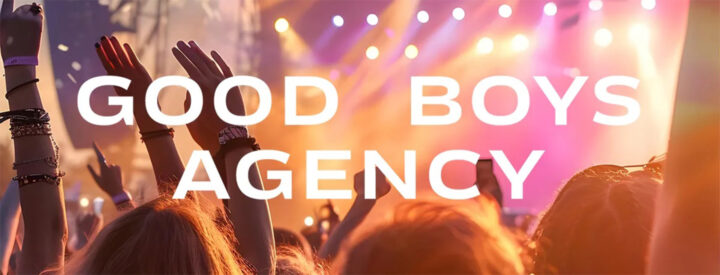 Text: "GOOD BOYS AGENCY" över en konsertpublik med upplyfta händer och ljus i bakgrunden.