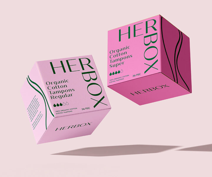 Bild på Herbox tamponger mot en rosa bakgrund. Tamponger i storlek regular 56 pack och tampoonger i storlek super i 56 pack.