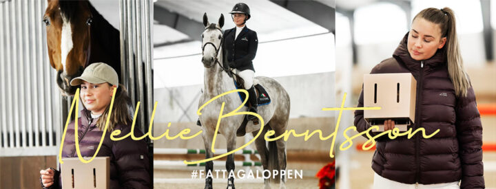 Nellie Berntsson med häst och Herbox, text 'Nellie Berntsson #FATTAGALOPPEN'.