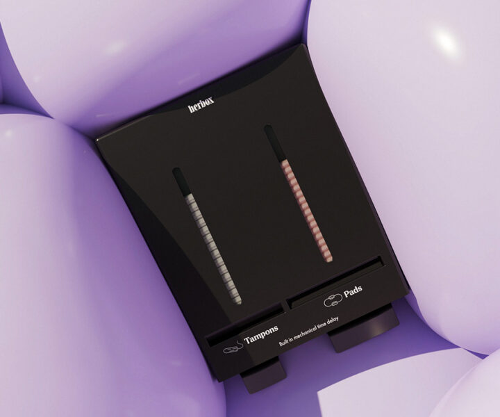 Närbild på en svart combi dispenser från Herbox mellan flera stycken lila ballonger.